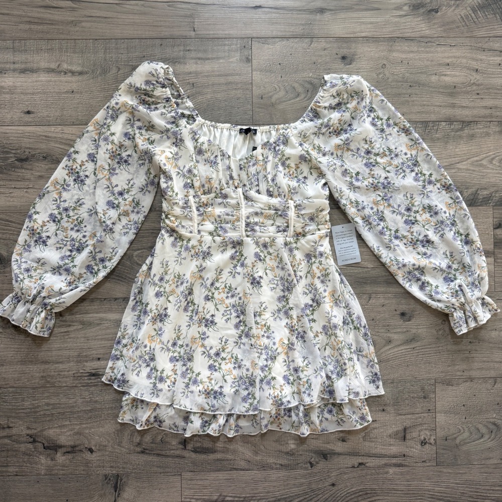 Kenedik Floral Dress Women's XL Long Sleeve Corset Mini Cream Purple Cottagecore
